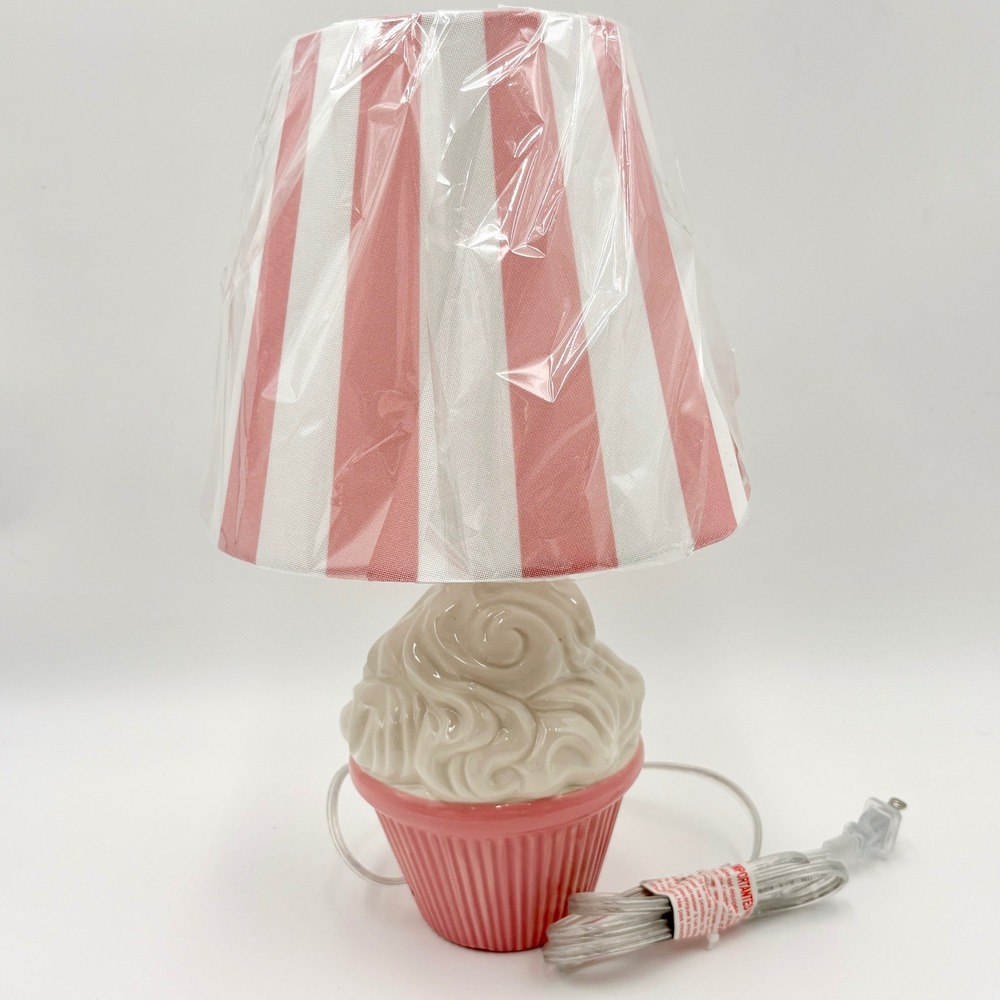 Karma Home Cupcake Table Lamp Pink White Striped Shade Ceramic Base Whimsical
